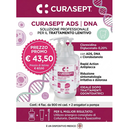 COLLUTTORIO CURASEPT ADS | DNA 4X900 ml TRATTAMENTO LENITIVO Clorexidina 0.20 con ADS e DNA